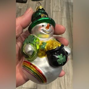 Vintage Irish Snowman Glass Ornament with Green Hat and Rainbow Accents